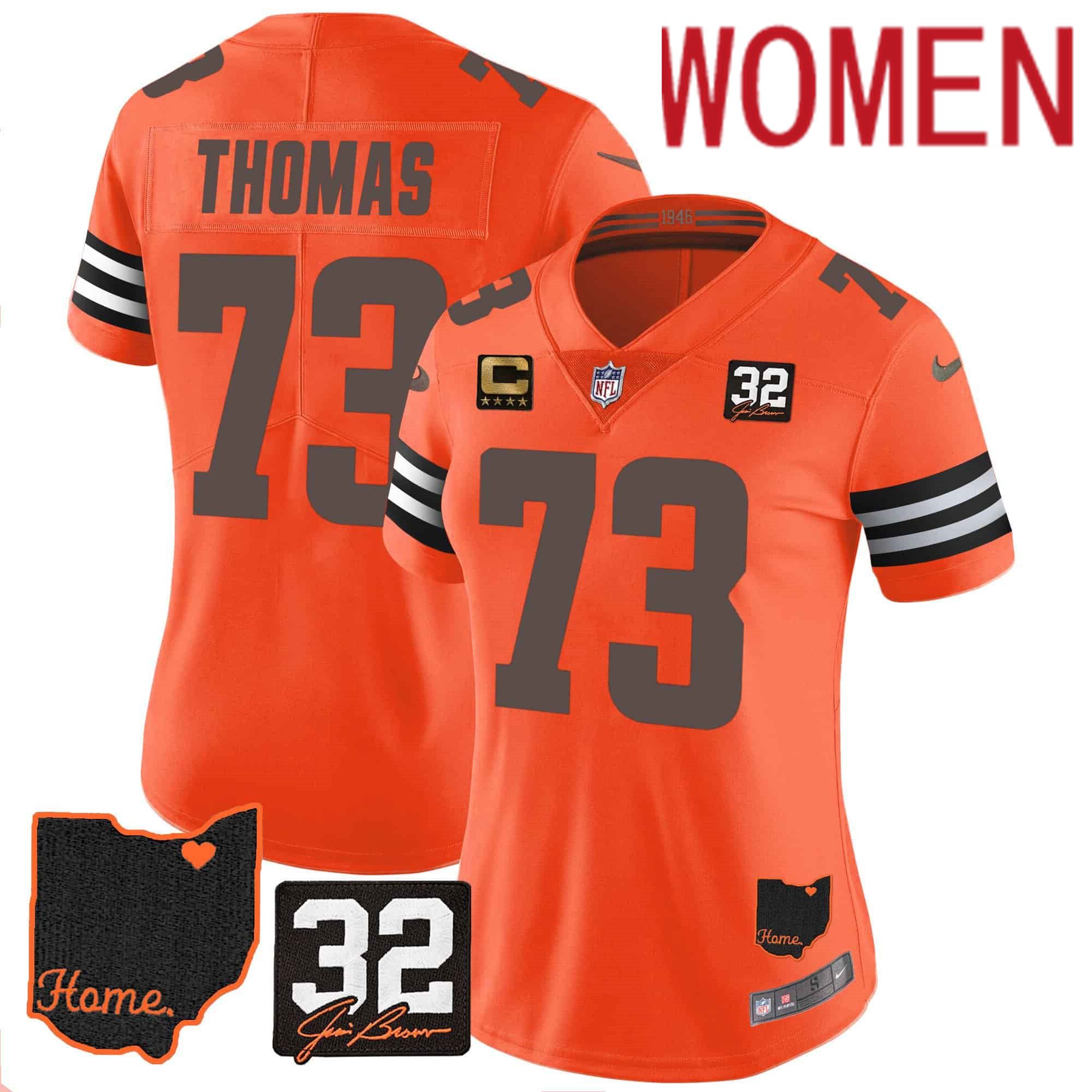 Women Cleveland Browns #73 Thomas Orange Memorial Home Patch 2024 Nike NFL Jersey